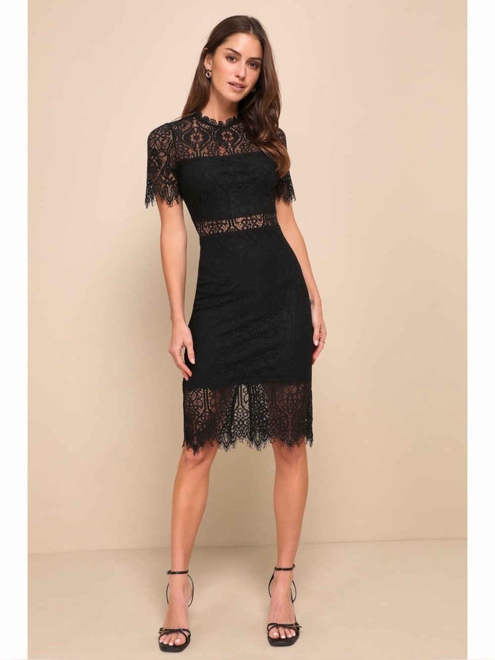 Lulus Remarkable Black Lace Midi Sheath Dress S Mock Neck LBD